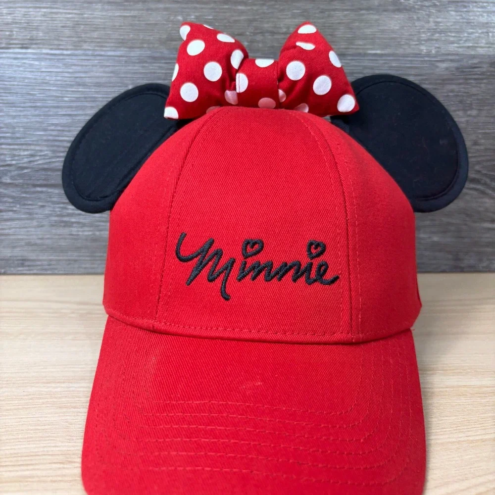 Minnie‎ Mouse Hat Cap Snap Back Womens Red White Bow Ears Polka Dot Disney